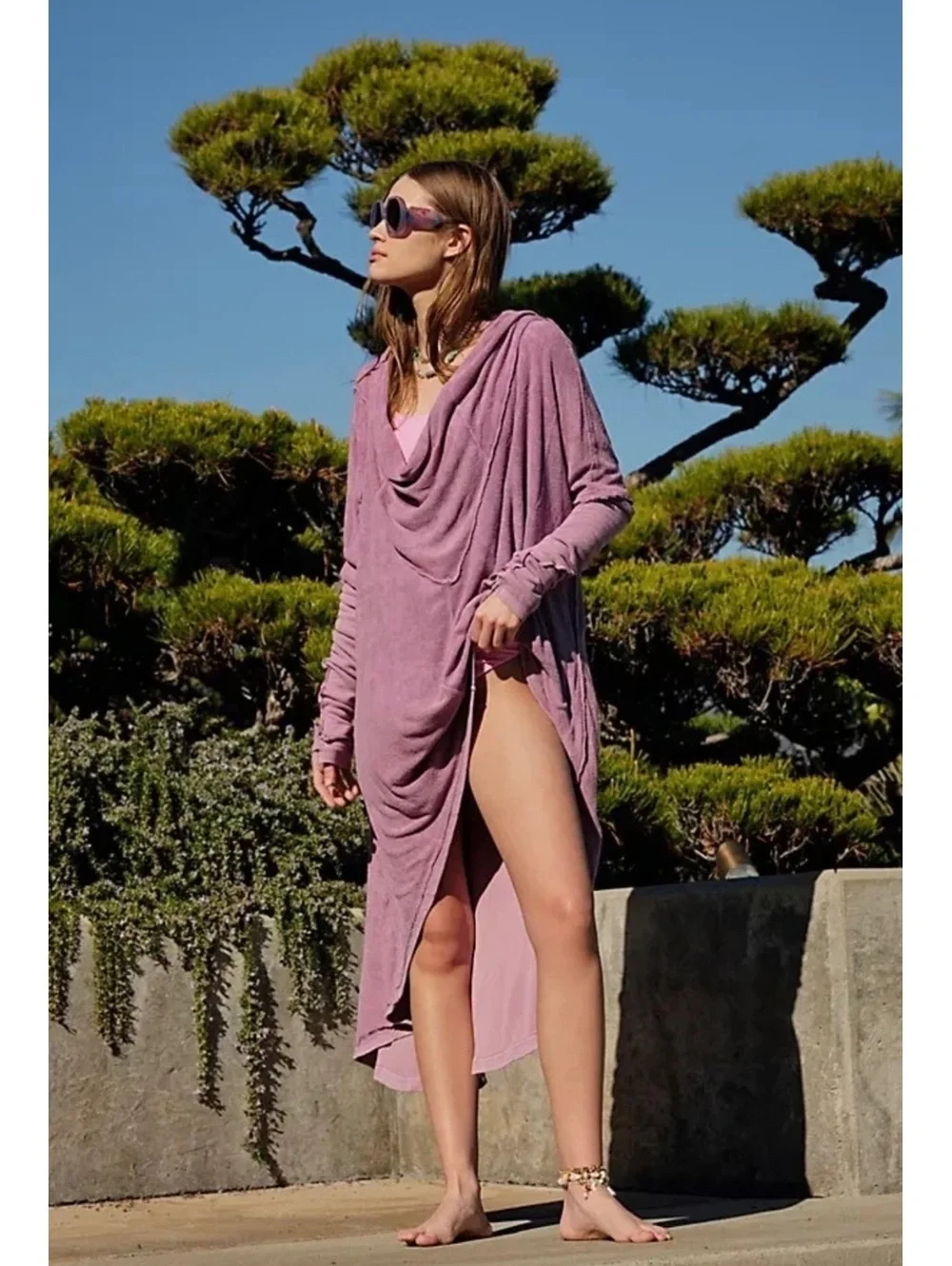 Free People Oversized Lavender Hooded Terry Cloth Cover Up Dress